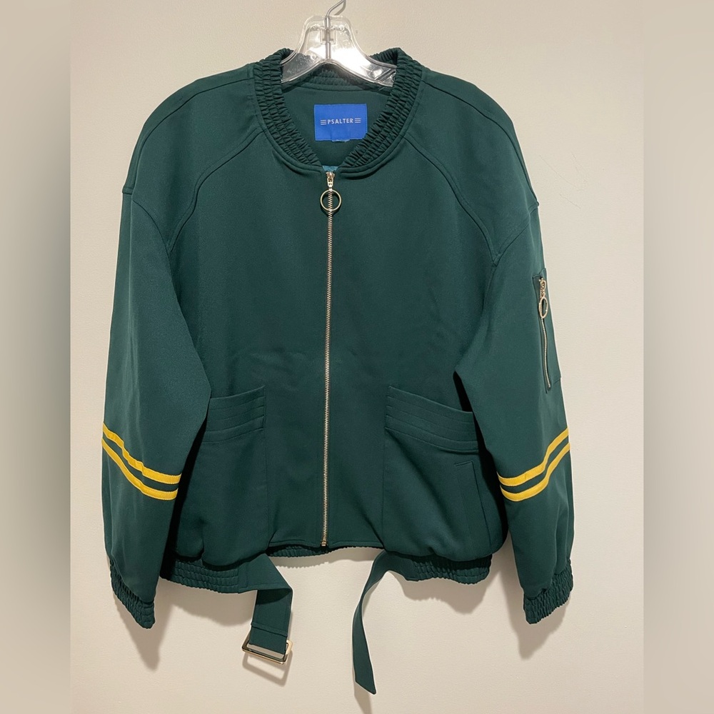 Green Bomber Jacket with Yellow Stripes